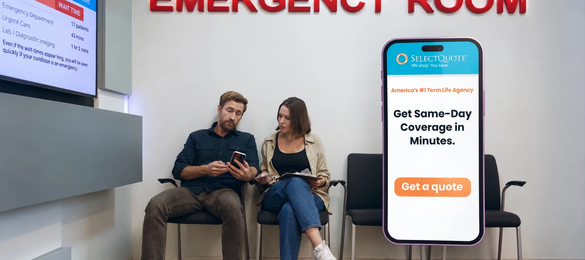 A couple in an emergency room waiting area looking at a phone, beside a SelectQuote mobile ad reading Get Same-Day Coverage in Minutes.